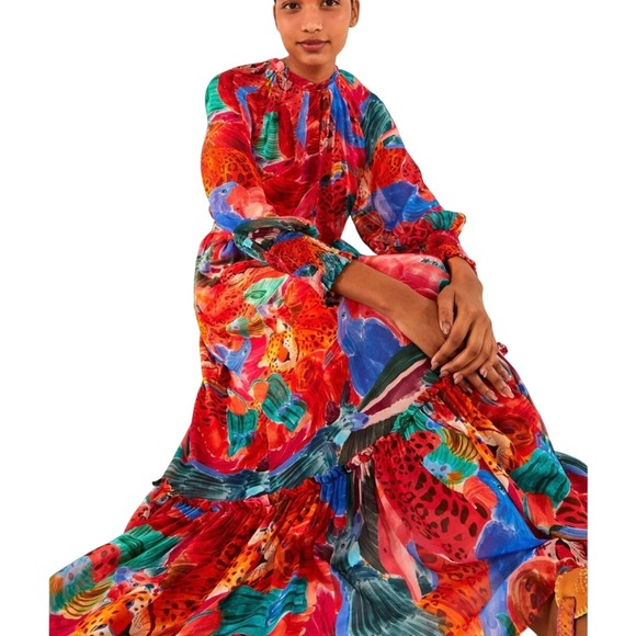 FARM Rio Dresses & Skirts - Farm Rio Mixed Print Maxi Dress Animal Collage Tie Waist Ruffle Long Sleeve XS‎